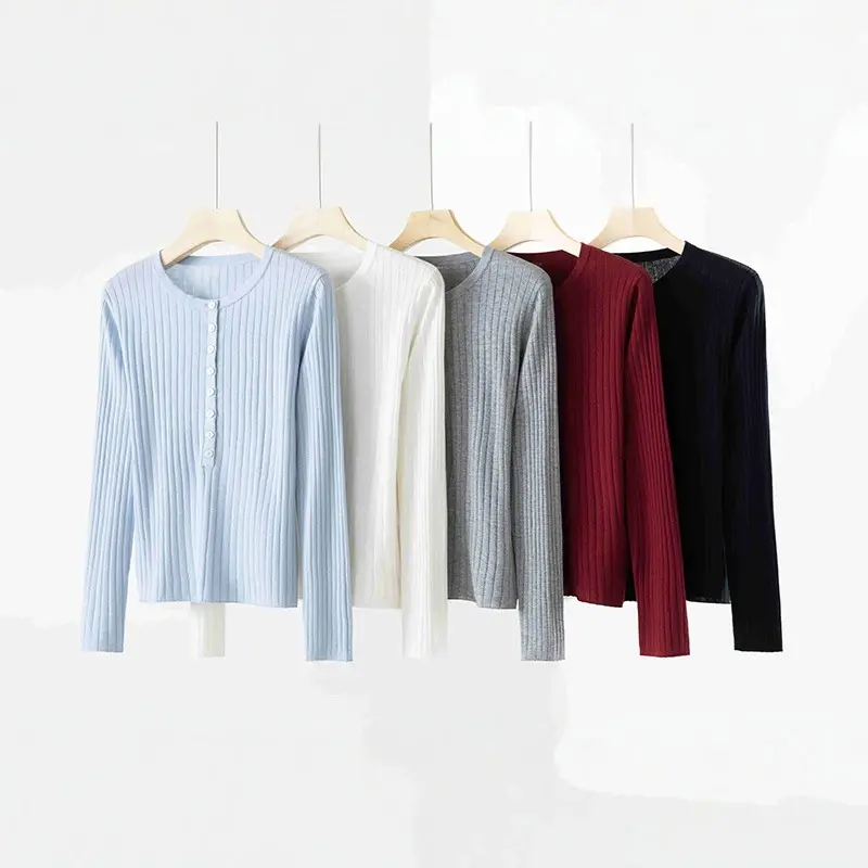 Damen Feinstrick-Pullover mit Henley-Knopfleiste und Rippenstruktur Drune