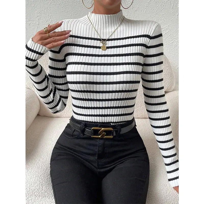 Damen Feinstrick-Pullover mit kurzem Stehkragen, Rippenstruktur und maritimen Streifen Drune