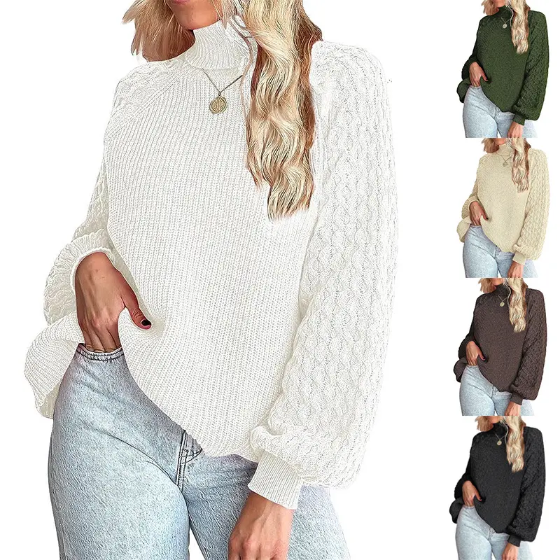 Damen Feinstrickpullover mit Rollkragen und voluminösen Zopfmuster-Ärmeln Drune
