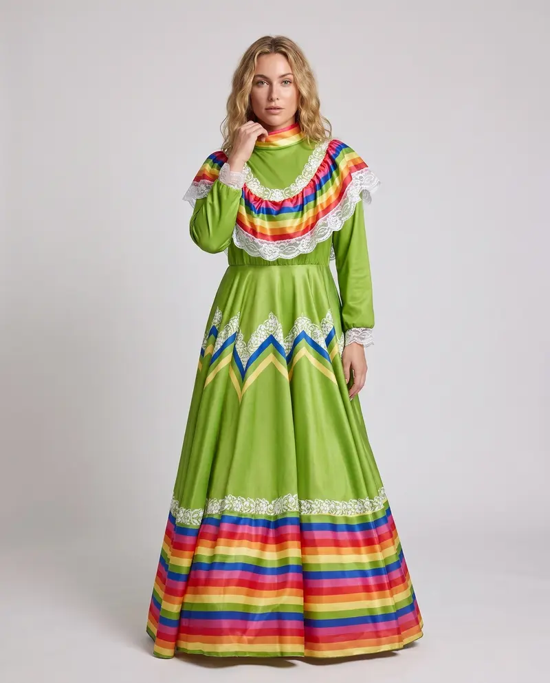 Damen Festliches mexikanisches Kleid mit bunten Akzenten und Spitzenverzierungen Drune