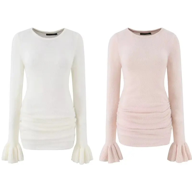 Damen Figurbetonter Feinstrick-Pullover mit geraffter Taille und Volantärmeln Drune