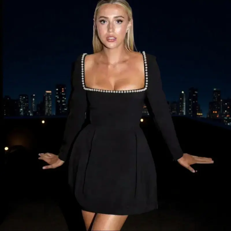 Damen Figurbetontes A‑Linien‑Minikleid mit quadratischem Ausschnitt, langen Ärmeln und Perlenbesatz Drune