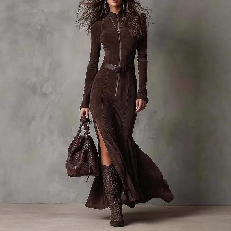 Damen Figurbetontes Midikleid aus Velourslederimitat mit Stehkragen und Zentralem Reißverschluss Drune