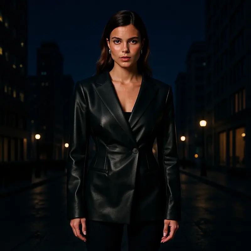 Damen Figurnaher Blazerjacke in Lederoptik mit Single‑Button und konturierenden Abnähern Drune