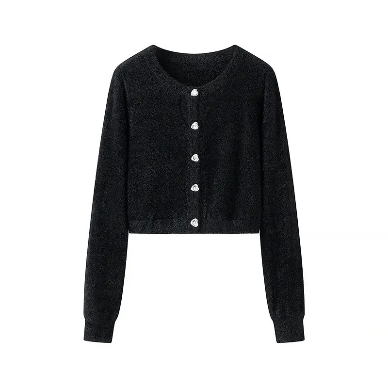 Damen Flauschige Cropped-Strickjacke mit Rundhals und Zierknopfleiste Drune