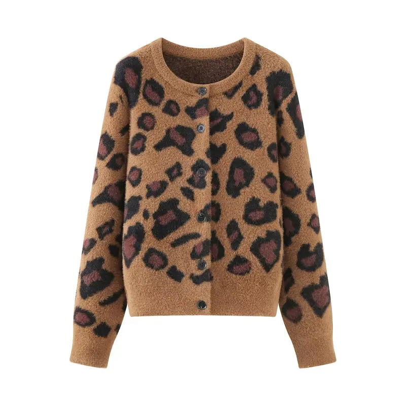 Damen Flauschige Strickjacke im Leoprint mit Rundhals und Knopfleiste Drune