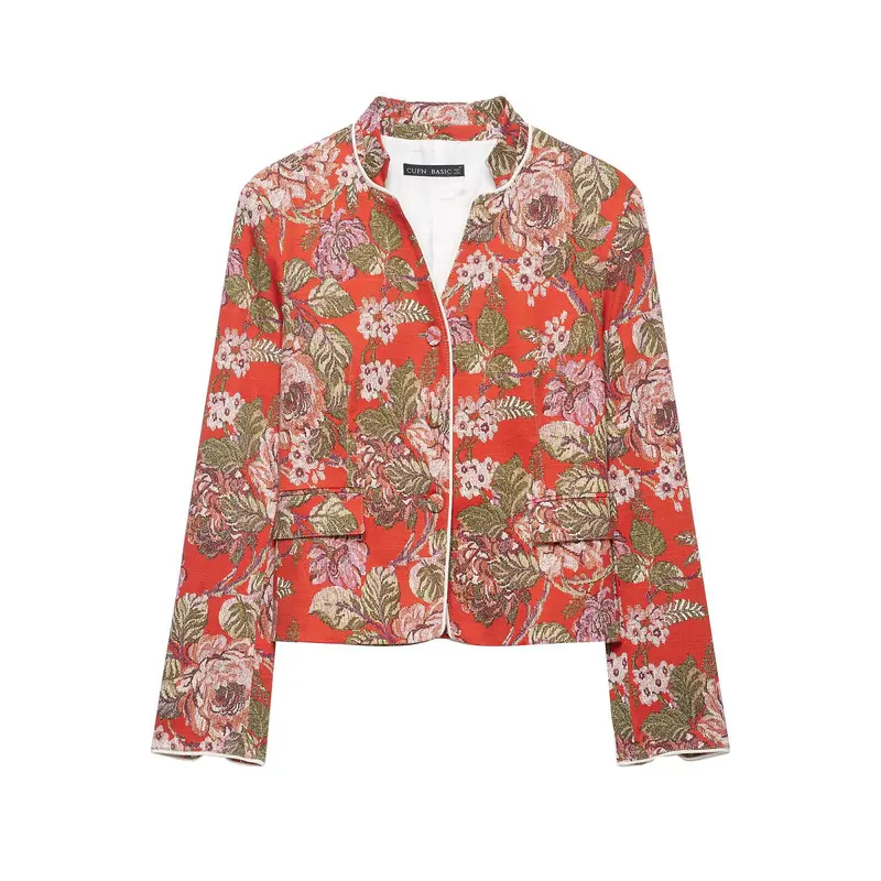 Damen floral gewebte Jacquard‑Bouclé Kurzjacke mit Stehkragen Drune