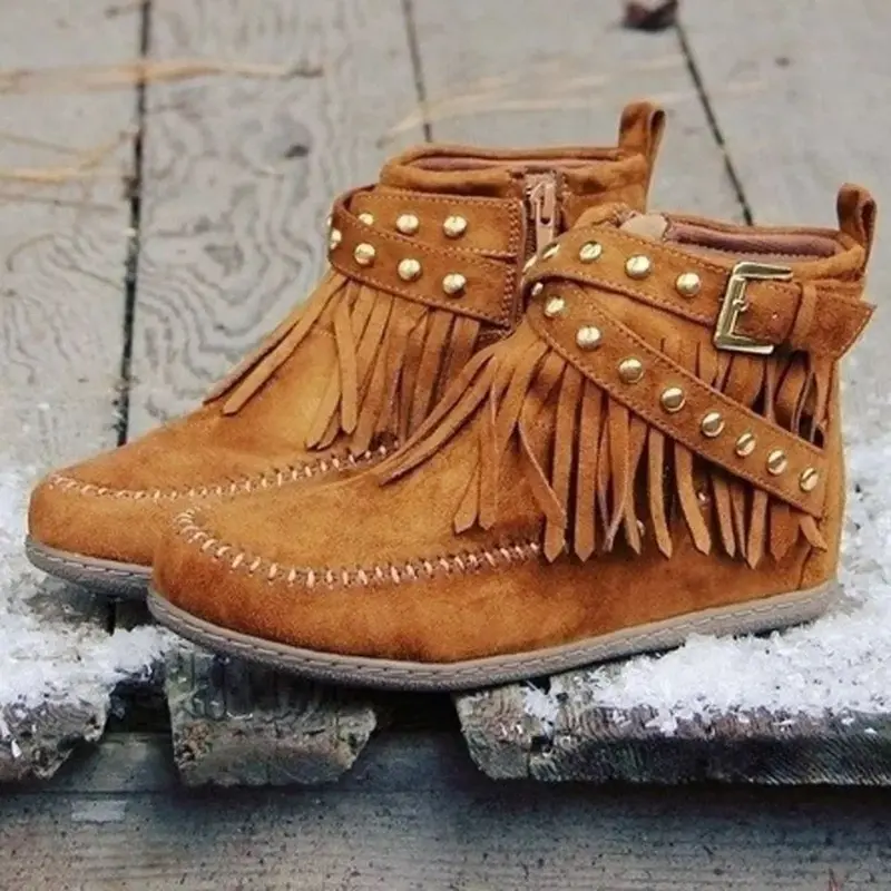 Damen Fransen-Ankleboots im Mokassinstil mit Ziernaht, Schnallenriemen und weicher Gummisohle Drune