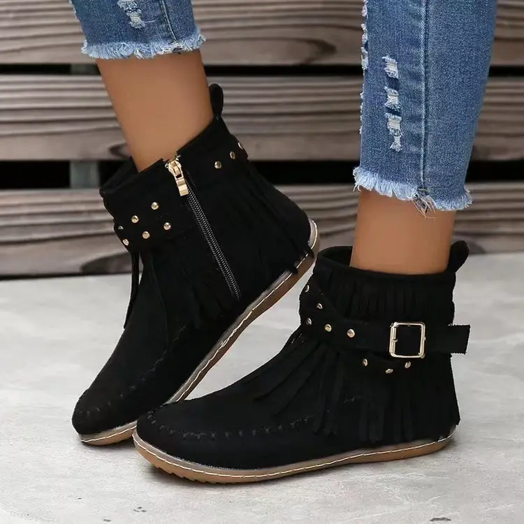 Damen Fransen-Boots im Mokassinstil mit Ziernähten, Schnallenriemen und seitlichem Reißverschluss Drune