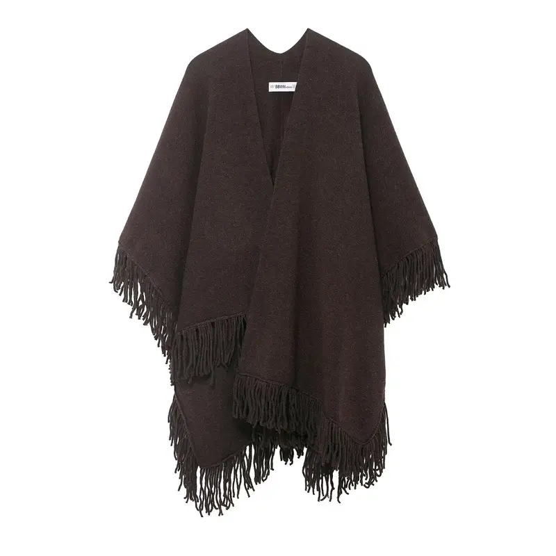 Damen Fransen-Poncho aus weichem Wollmix mit V‑Ausschnitt Drune
