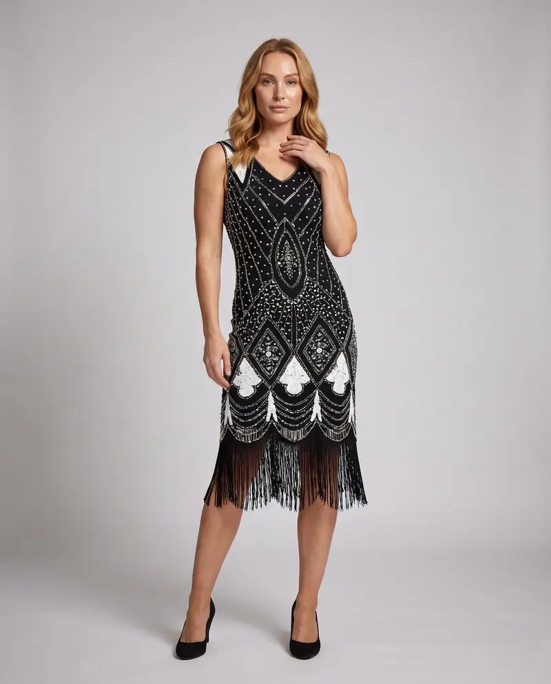 Damen Gatsby Kleid im Vintage-Stil mit Pailletten und Fransen Drune