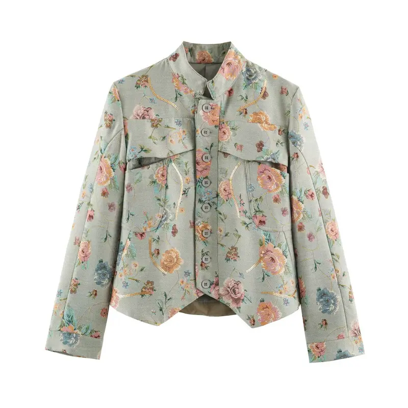 Damen geblümte Jacquard‑Kurzjacke mit Stehkragen, Pattentaschen und Paillettenbesatz Drune