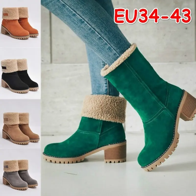 Damen Gefütterte Ankleboots aus Veloursimitat mit Umschlag‑Sherpa, Blockabsatz und profilierter Lug‑Sohle Drune