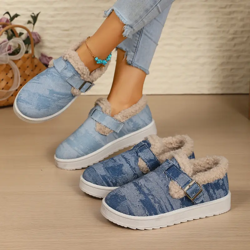 Damen Gefütterte Denim-Slip-On Hausschuhe mit Teddyfutter und verstellbarem Schnallenriemen Drune