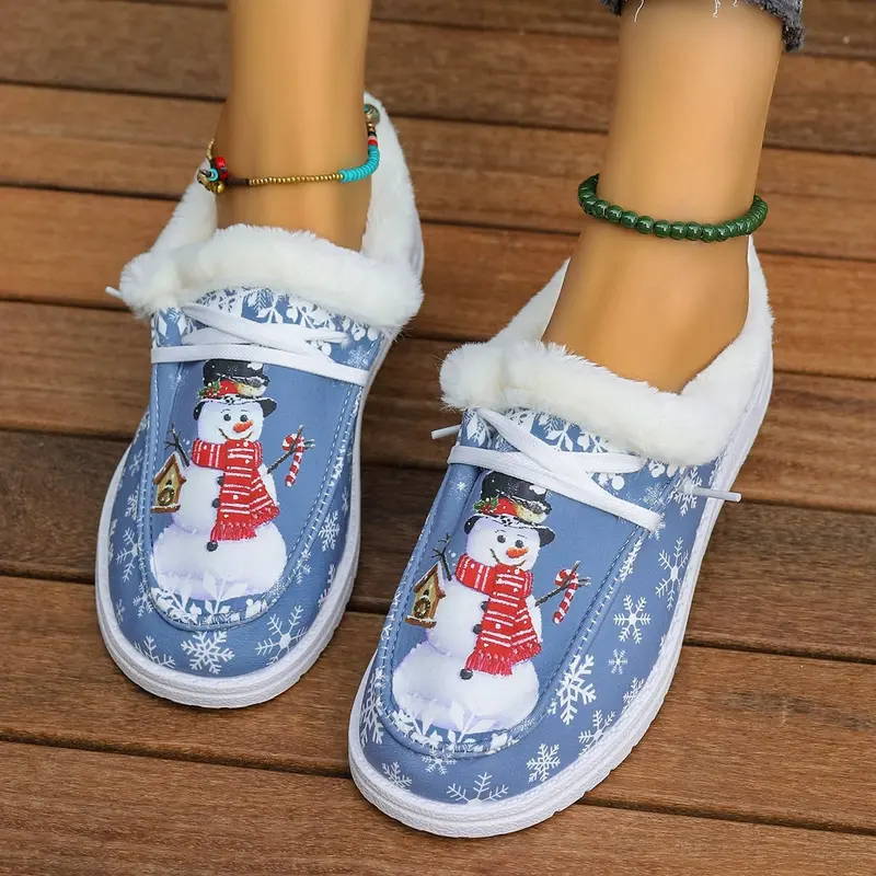 Damen Gefütterte Hausschuhe-Boots mit Schneemann-Print, Kunstfellkragen und rutschfester Sohle Drune