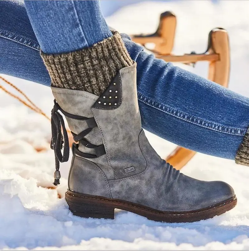 Damen Gefütterte knöchelhohe Winterstiefelette mit Strickmanschette und Zierschnürung Drune