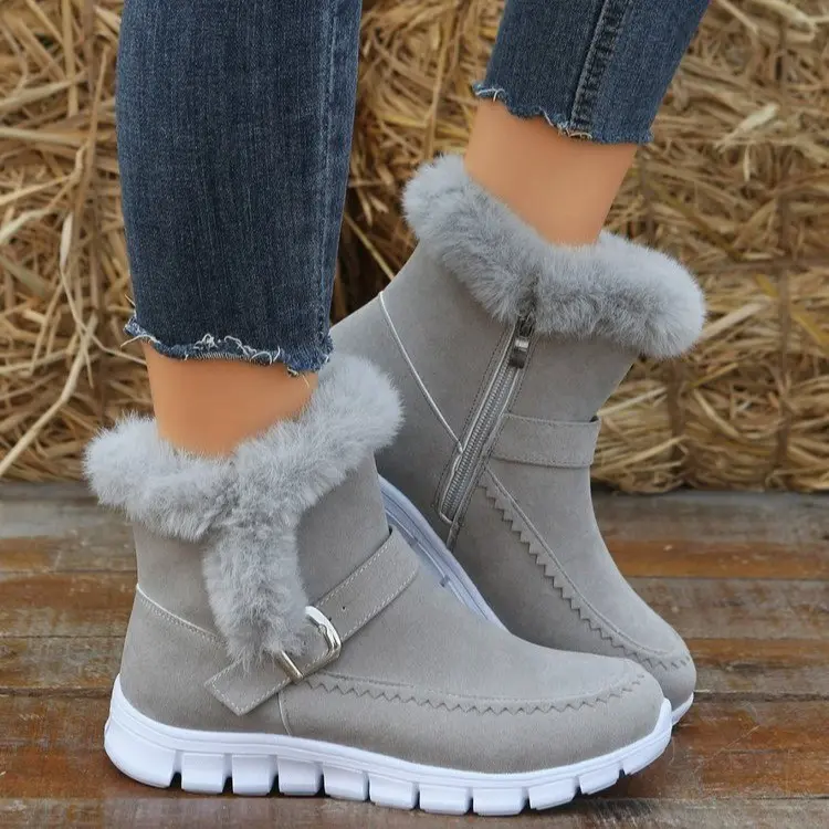 Damen Gefütterte kurze Suede‑Stiefeletten mit Kunstfellkragen, seitlichem Reißverschluss und sportlicher Profilsohle Drune