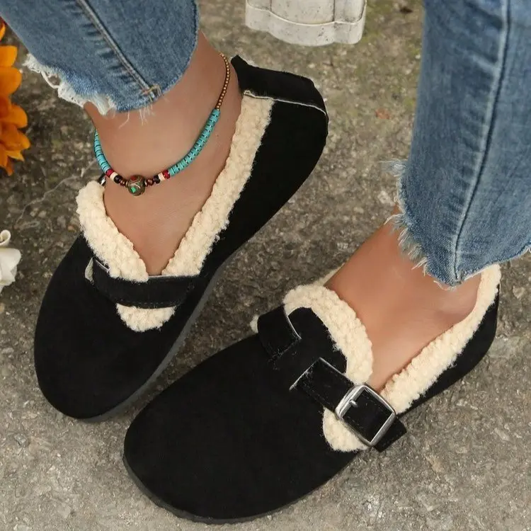Damen Gefütterte Wildlederoptik-Slipper mit Teddy-Kragen, verstellbarer Schnallenlasche und rutschfester Profilsohle Drune