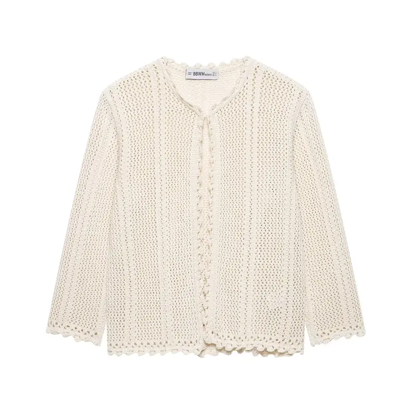 Damen Gehäkelte Kurzstrickjacke mit Scallop-Kante und Ajour‑Lochmuster Drune