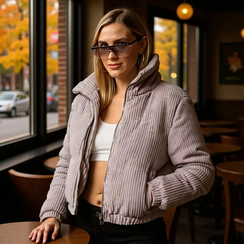 Damen Gepolsterte Cord-Steppjacke mit Stehkragen und elastischem Saum Drune