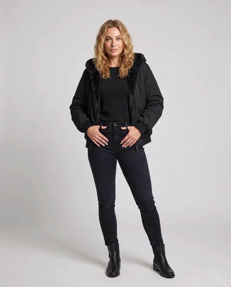 Damen gepolsterte Kapuzenbomberjacke mit warmem Teddyfutter und elastischen Rippbündchen