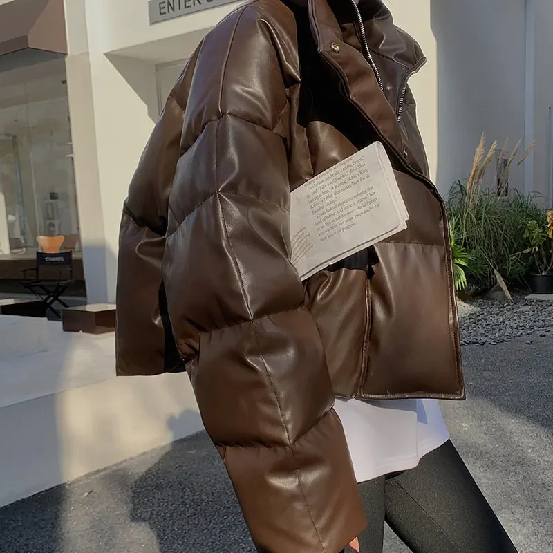 Damen Gepolsterte Kurze Kunstleder-Steppjacke mit Stehkragen Drune