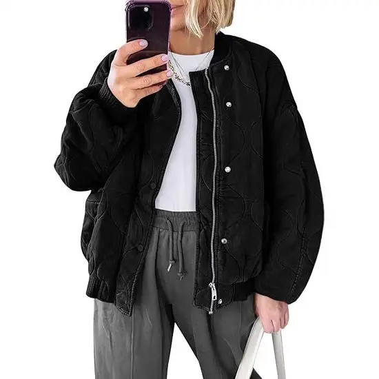 Damen Gepolsterte Oversize-Stepp-Bomberjacke mit Rippbündchen und dekorativer Ziersteppung Drune