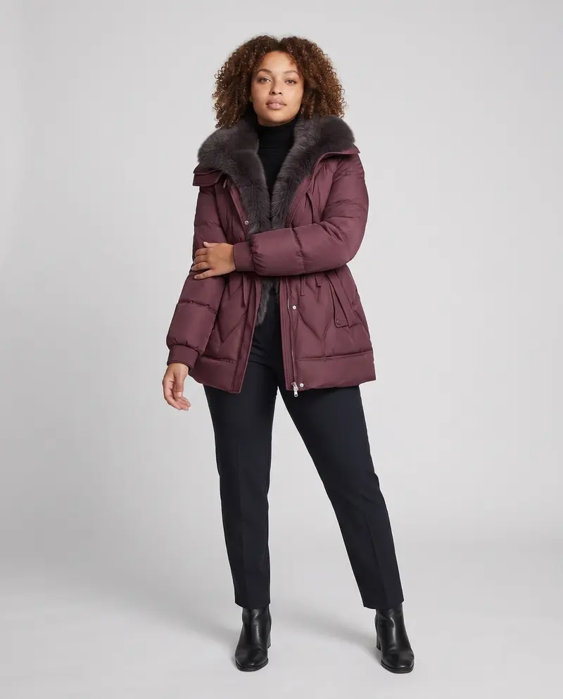 Damen gepolsterte Parka mit voluminösem, abnehmbarem Kragen und Taillenzugband