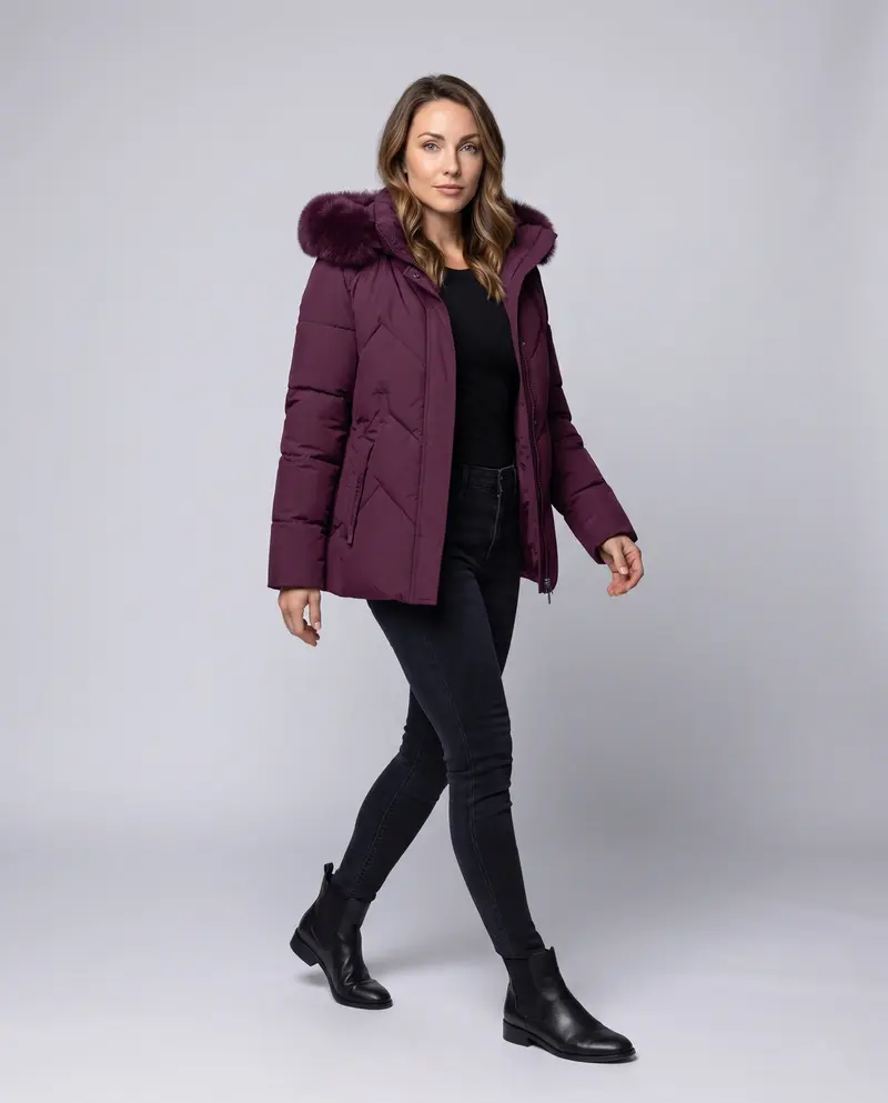 Damen gepolsterte Steppjacke mit Kapuze und abnehmbarem Kunstpelzkragen