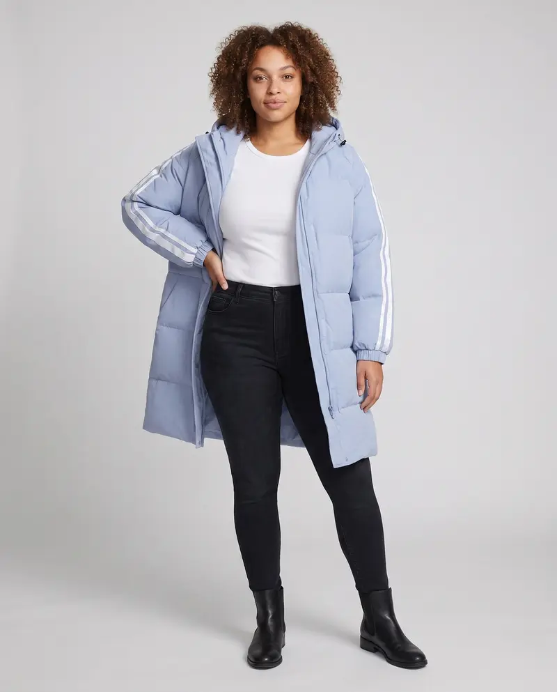 Damen gepolsterter langer Parka mit Kapuze und seitlichen Streifen