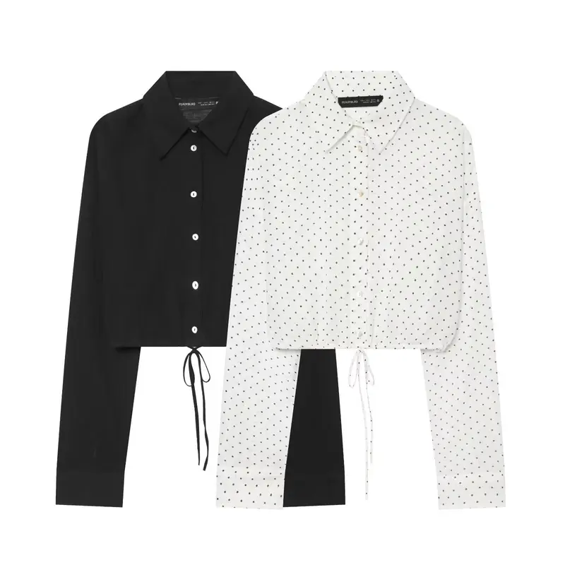 Damen Gepunktete Cropped-Bluse mit Kordelzug und Hemdkragen Drune