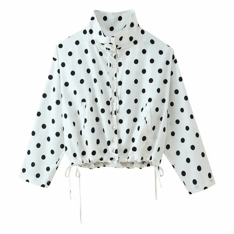 Damen Gepunktete Cropped-Bluse mit Stehkragen und Tunnelzugsaum Drune