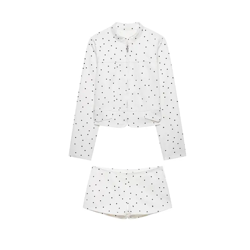 Damen Gepunktete Kurzjacke mit Stehkragen, Reißverschluss und Pattentaschen Drune