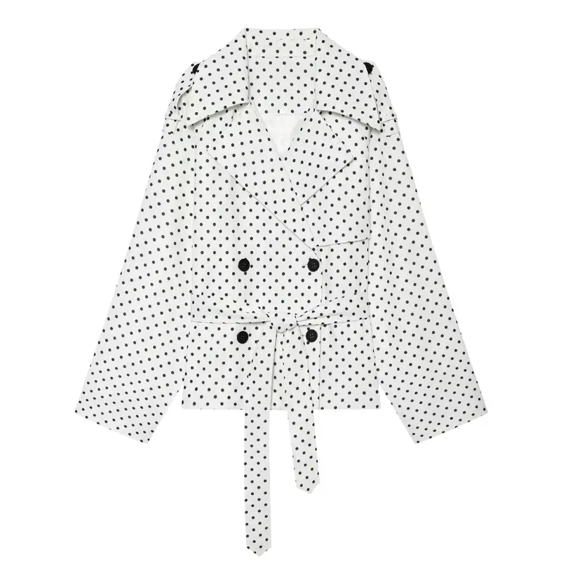 Damen Gepunkteter kurzgeschnittener Trenchcoat mit Taillengürtel und doppelreihiger Knopfleiste Drune