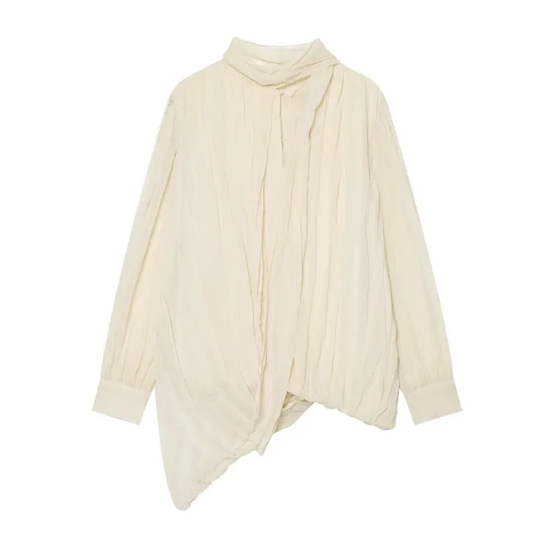 Damen Geraffte Crinkle-Bluse mit Schlauchkragen, Ballonärmeln und gedrehtem Saum Drune