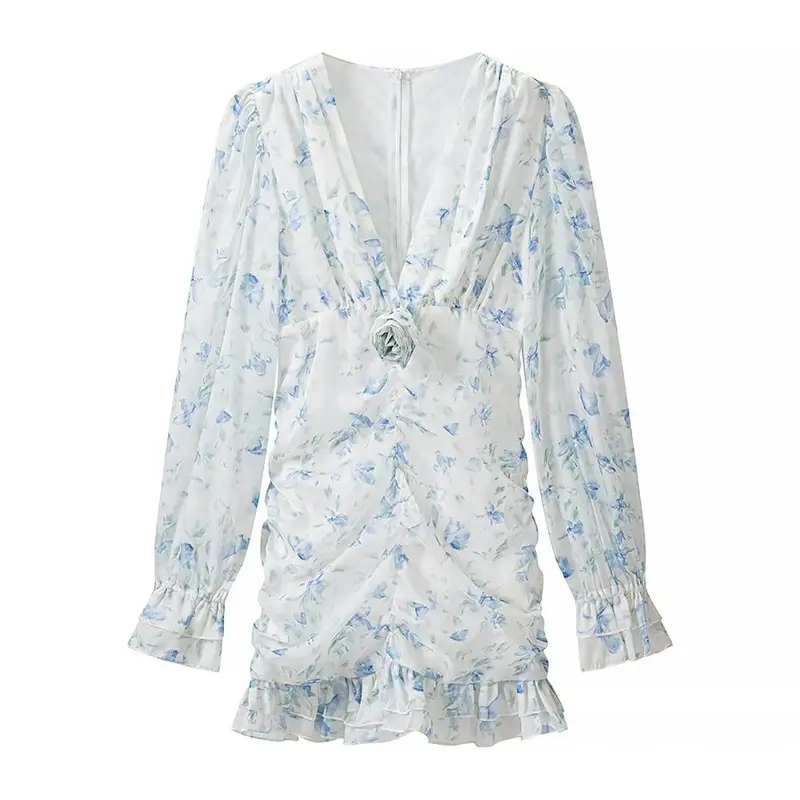 Damen gerafftes Minikleid mit V-Ausschnitt, Rüschen und Blumenapplikation Drune