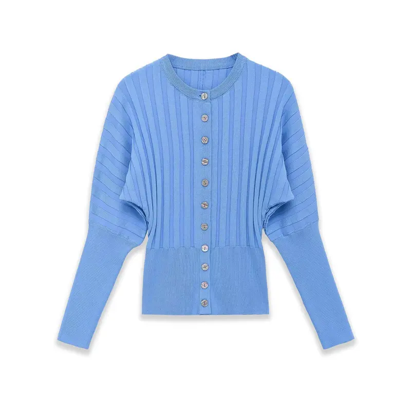 Damen Gerippte Strick-Cardigan mit Ballonärmeln und durchgehender Knopfleiste Drune