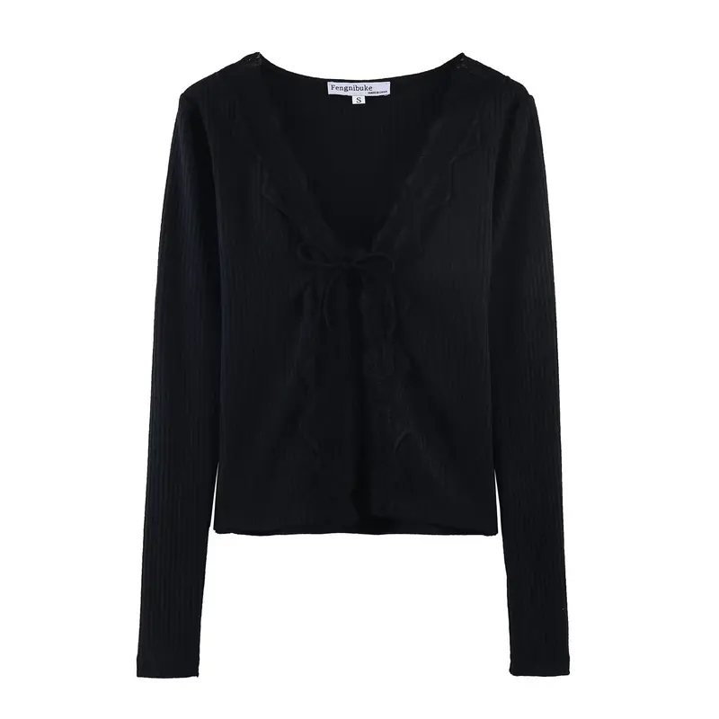 Damen Geripptes Cropped-Langarmtop mit Spitzen-V-Ausschnitt und Bindeband Drune