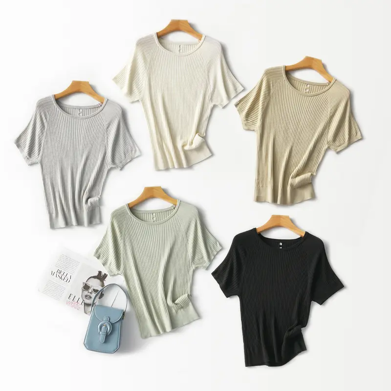 Damen Geripptes Kurzarm-Strickshirt mit Rundhalsausschnitt und Schlüsselloch-Detail Drune