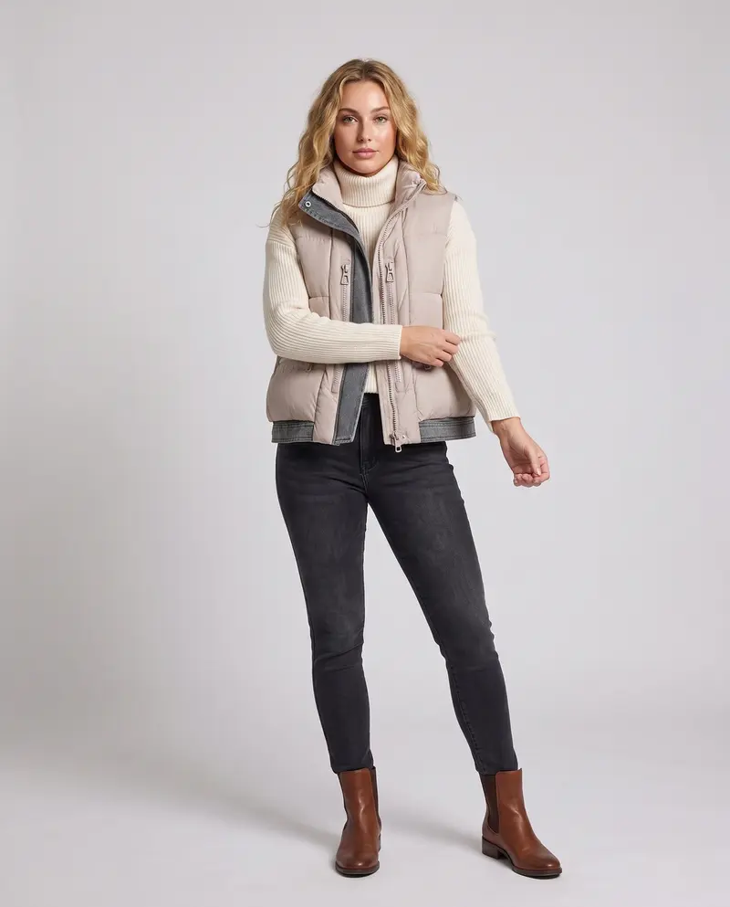 Damen gesteppte ärmellose Weste mit hohem Kragen, Jeans-Look Innentasche und verdeckten Reißverschlusstaschen