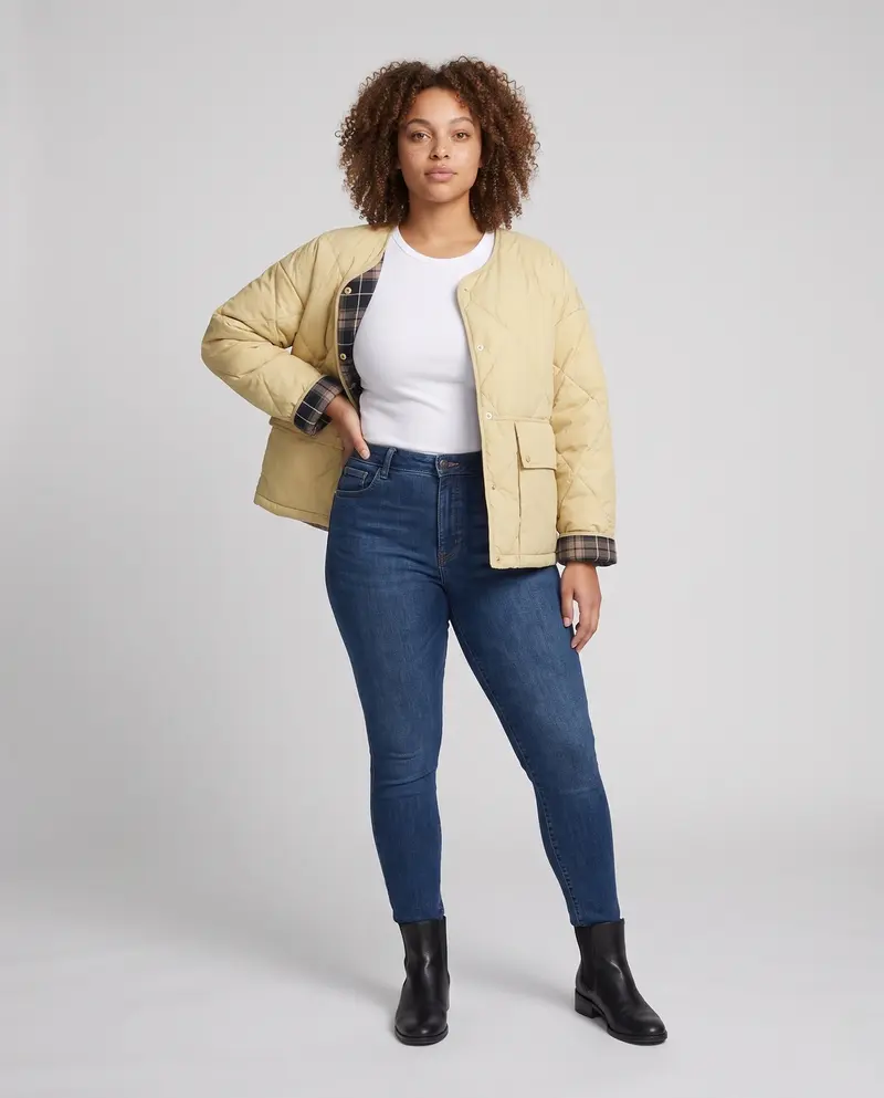 Damen gesteppte boxy kurze Jacke mit verdeckter Druckknopfleiste und extra großen aufgesetzten Taschen