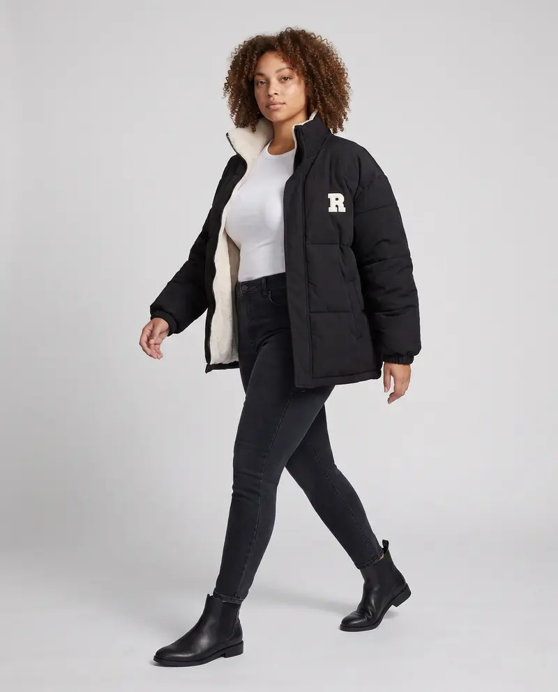 Damen gesteppte Cordjacke mit Teddyfutter, Stehkragen und oversized Passform