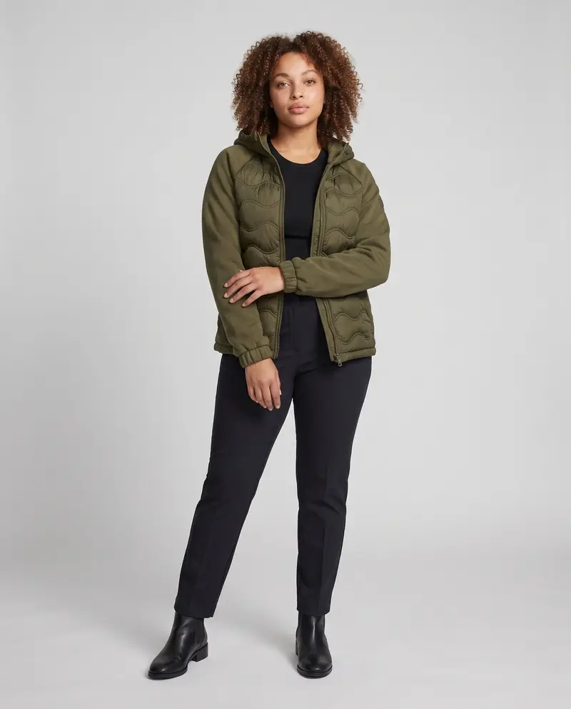 Damen gesteppte Hybrid-Hoodie-Jacke mit Fleece-Ärmeln, elastischen Bündchen und Wellensteppung