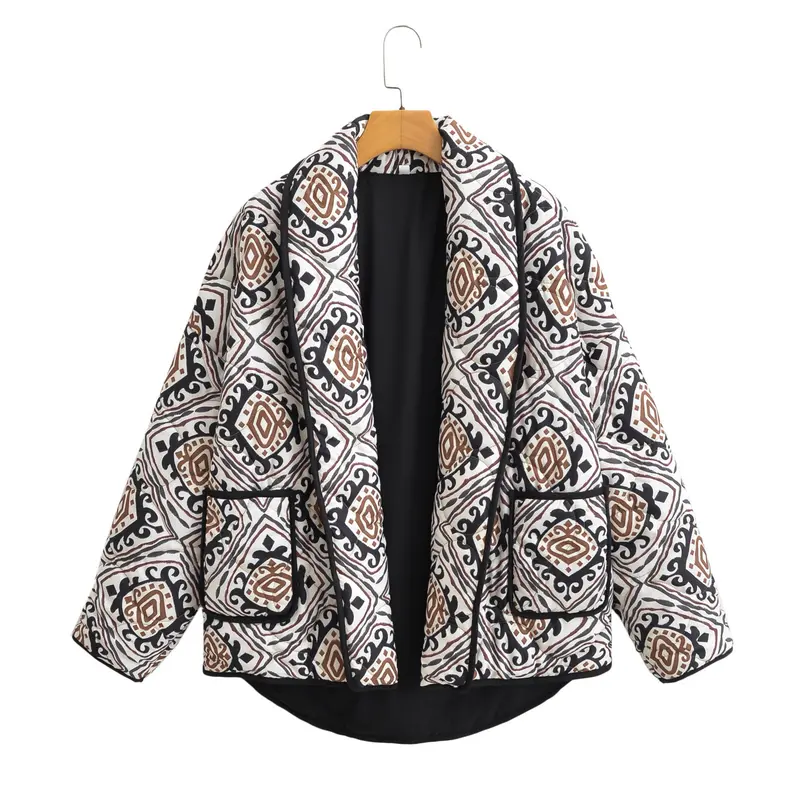 Damen Gesteppte Kimono-Jacke mit Ethno-Print, Kontrastpaspel und aufgesetzten Taschen Drune