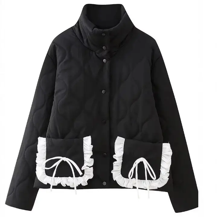 Damen gesteppte Kurzjacke mit Stehkragen und Volant‑Taschen Drune