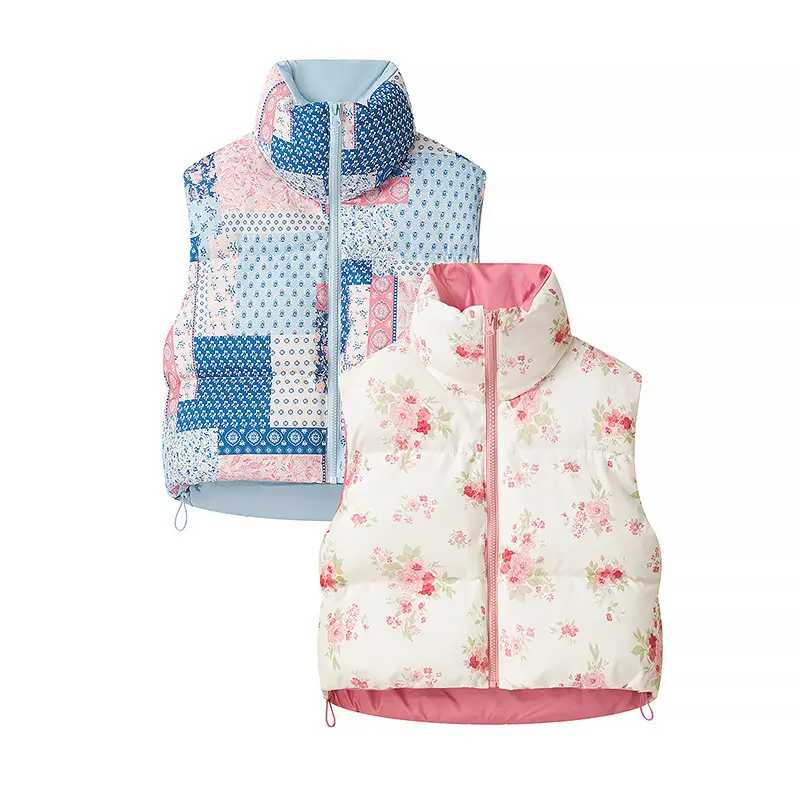 Damen Gesteppte Kurzweste mit Stehkragen, Patchwork-Bandana‑Print und Kordelzug Drune