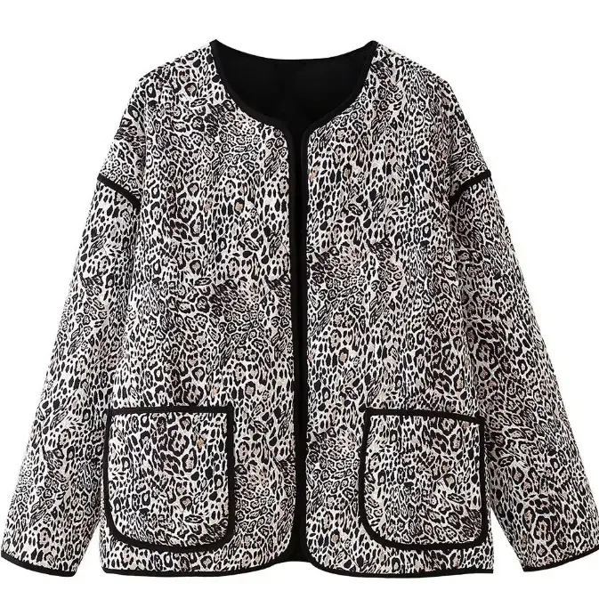 Damen gesteppte Oversize-Jacke mit Leoprint, Rundhalsausschnitt und aufgesetzten Taschen Drune