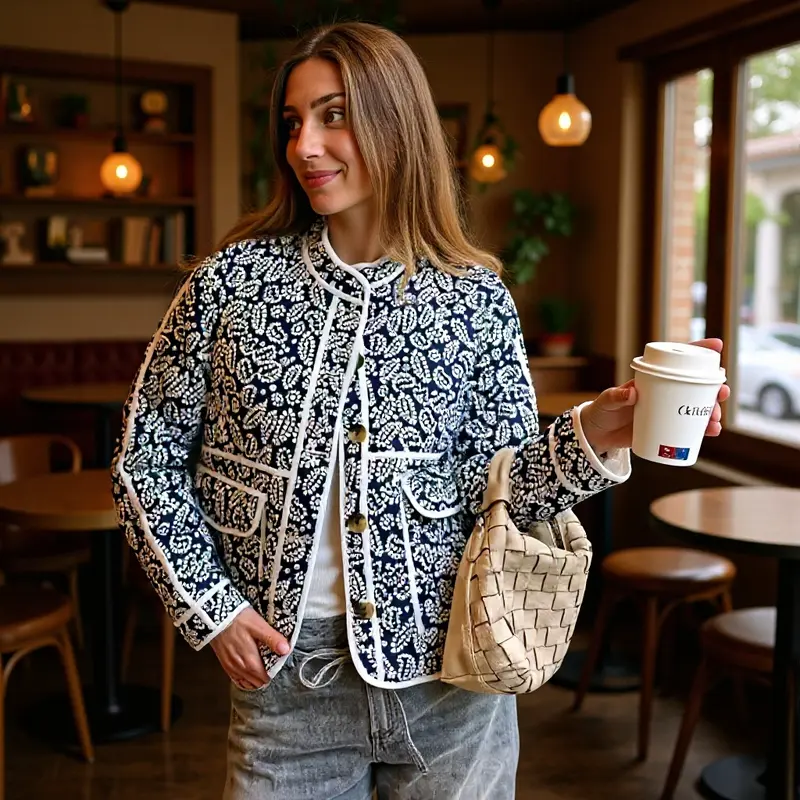 Damen gesteppte Übergangsjacke mit Stehkragen, Paisley‑Print und Kontrastpaspel Drune