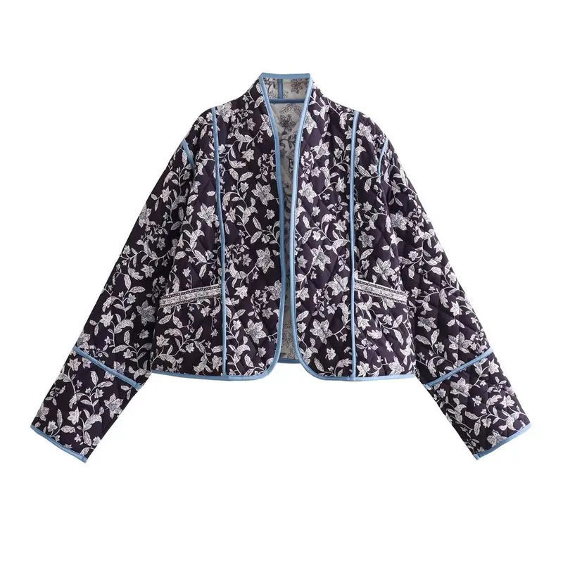 Damen Gestepptes Cropped-Steppjacke mit floralem Allovermuster und kontrastierender Paspelierung Drune