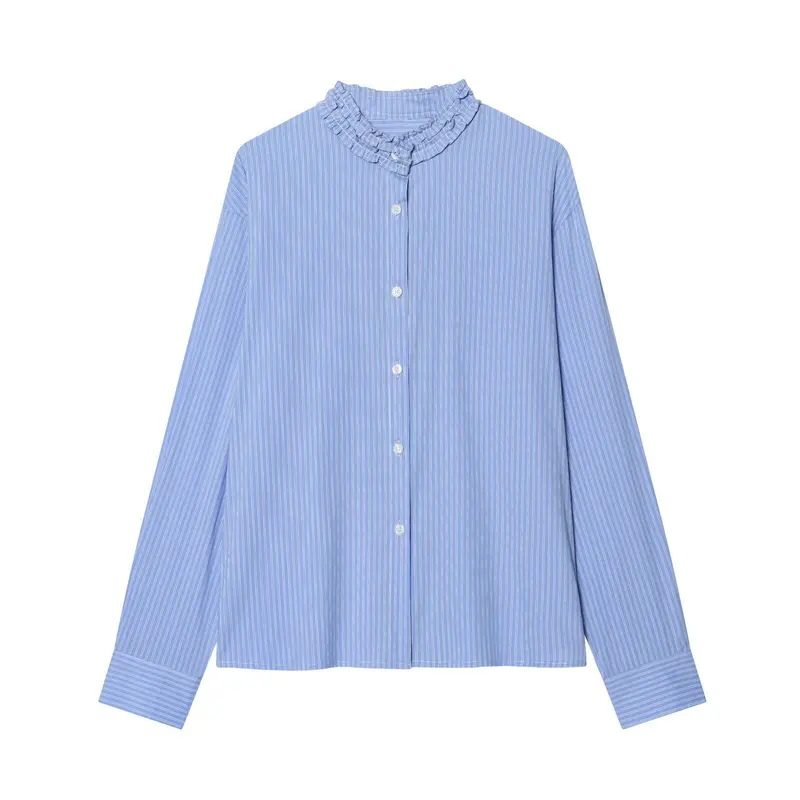Damen Gestreifte Bluse mit Rüschenkragen und Oversize-Schnitt Drune
